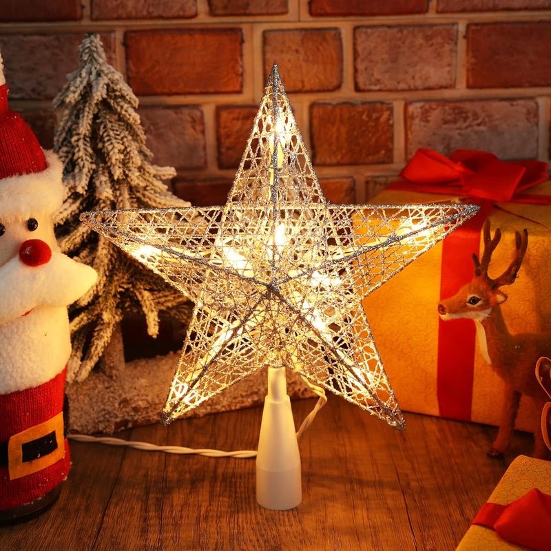 BRIZLER Silver Christmas Tree Topper, 9“ Christmas Star Tree Topper with 10 Warm White Lights, Pre-lit Glittered Star Treetop, 120V UL Listed Lighted Xmas Treetop for Christmas Tree Home Decorations - Image 3